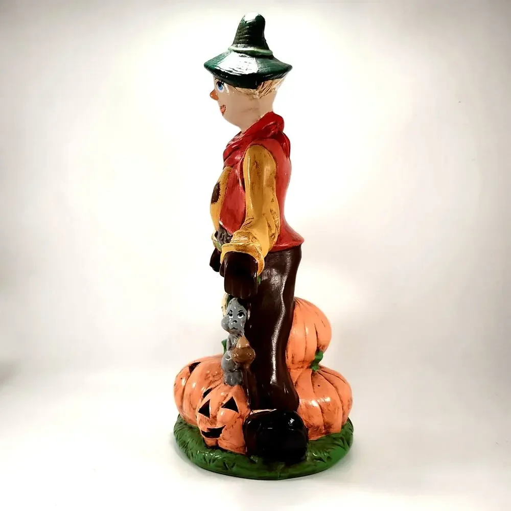 Vintage Ceramic Scarecrow & Pumpkin Luminary | 1970s/80s Halloween Decor